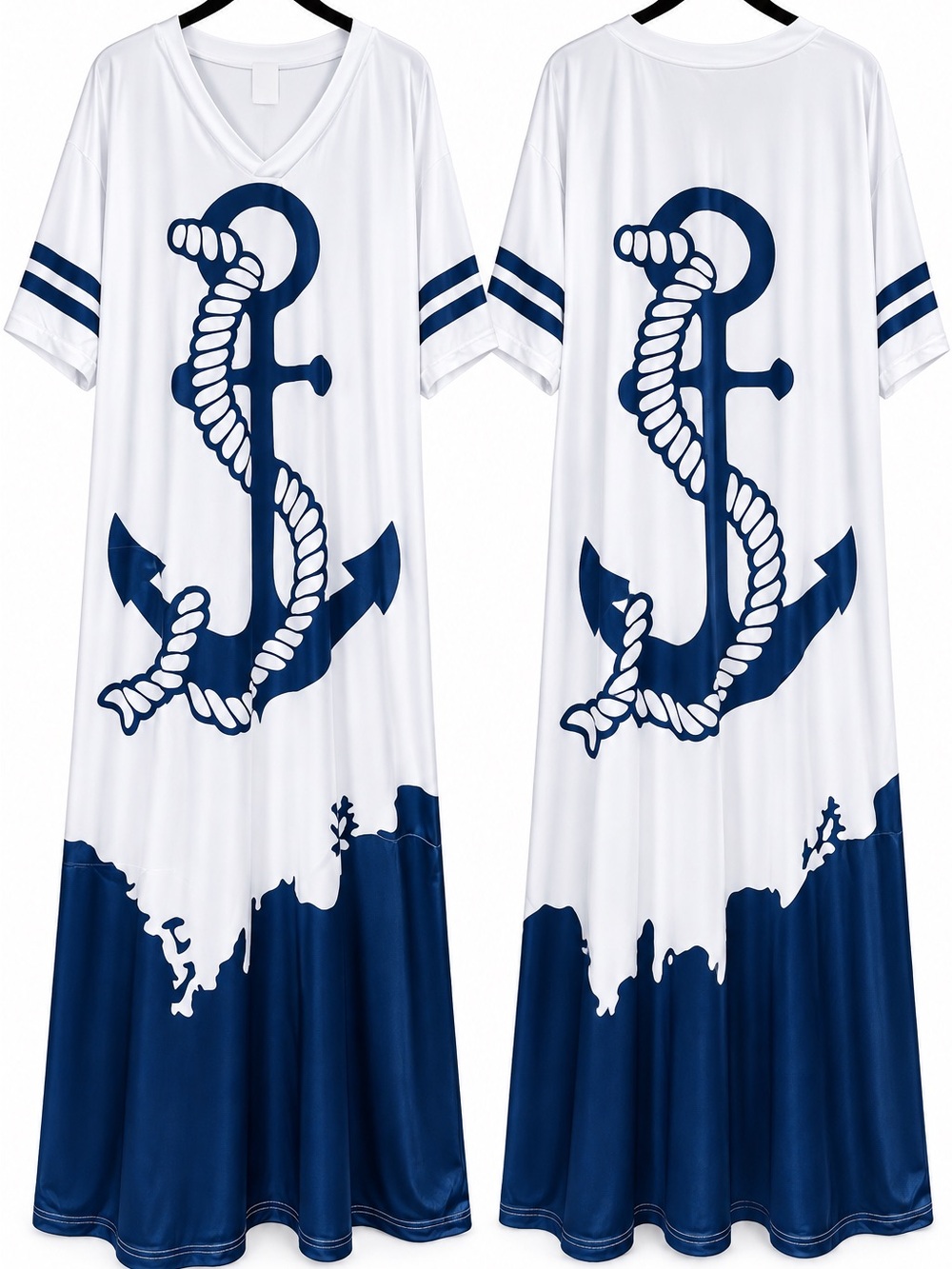 2XL Navy & White Nautical Anchor Maxi Dress With Pockets